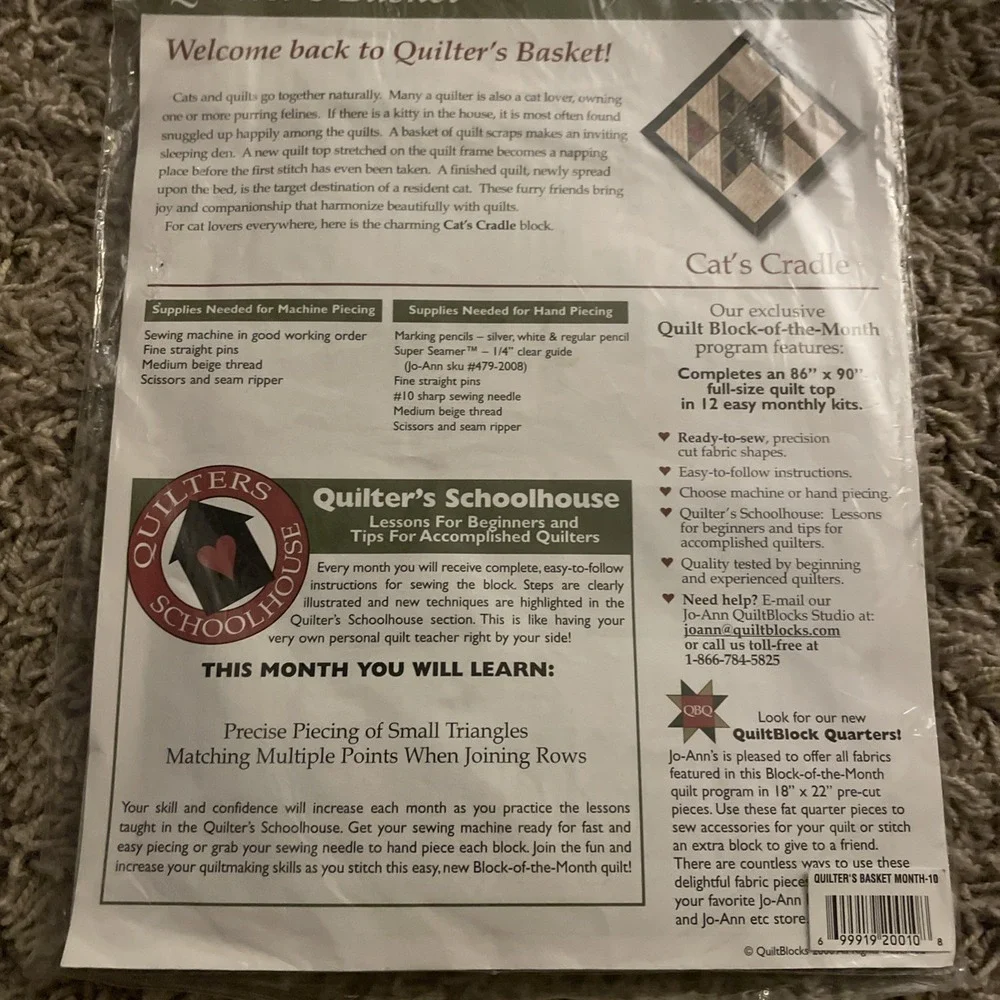 JoAnn Quilt Block of the Month Quilter's Basket Month 10 Fabric Included